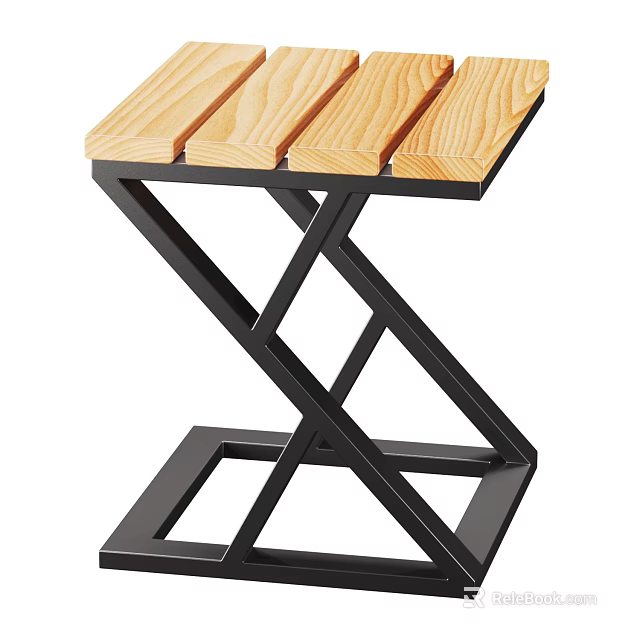 Modern Wooden Slat Stool With Black X Shaped Metal Frame Design 3d model 