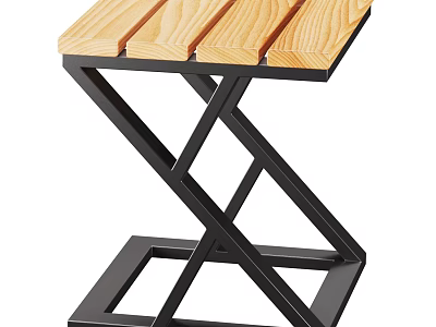 Modern Wooden Slat Stool With Black X Shaped Metal Frame Design 3d model