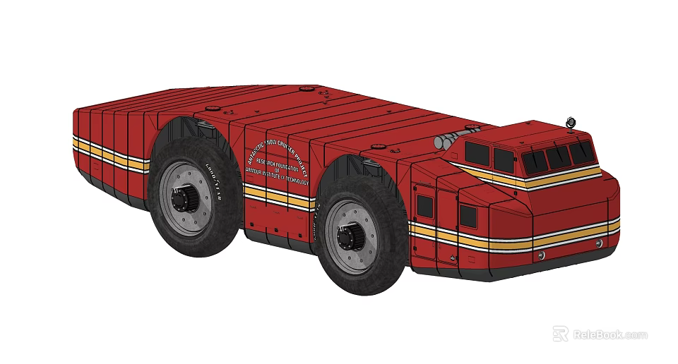 Red Functional Emergency Vehicle With Yellow Stripes And Multiple Wheels 3d model 
