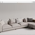 Light Gray Sectional Sofa With Multiple Cushions Wooden Armrests And Throw Blanket 3d model