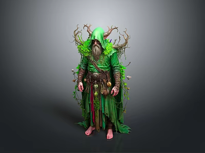 Mystical Forest Character Costume With Green Robe Antler Headdress And Plant Decorations 3d model