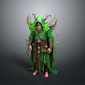 Mystical Forest Character Costume With Green Robe Antler Headdress And Plant Decorations