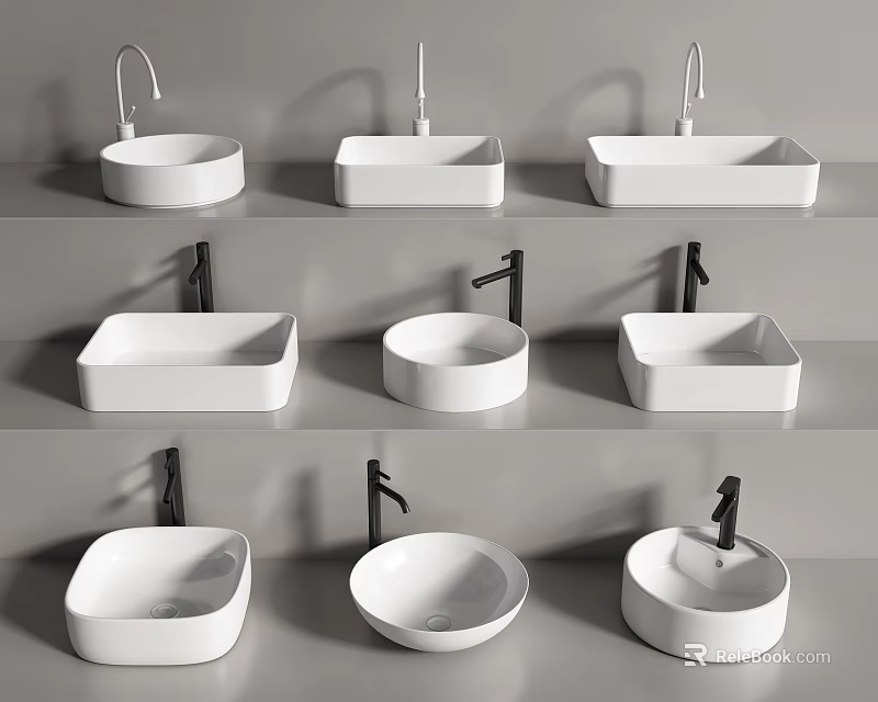 Modern White Washbasins With Various Shapes Different Styles And Faucet Designs 3d model 