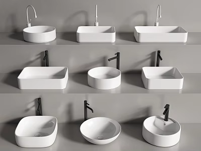 Modern White Washbasins With Various Shapes Different Styles And Faucet Designs 3d model