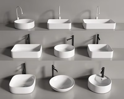 Modern White Washbasins With Various Shapes Different Styles And Faucet Designs 3d model