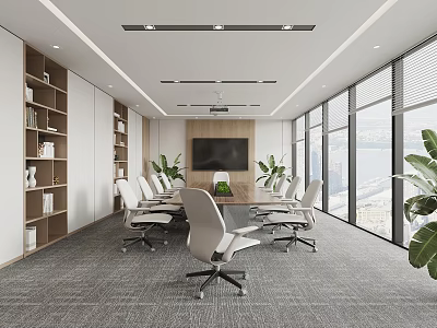 Modern Conference Room Interior With Large Windows TV Screen Wooden Table Chairs Bookshelves And Plants 3d model