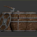 Medieval Wooden Shield With Metal Accents And Barrels In Background