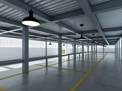 Parking Lot Featuring Gray Metal Ceiling Black Pendant Lights Gray Floor Yellow Parking Lines 3d model