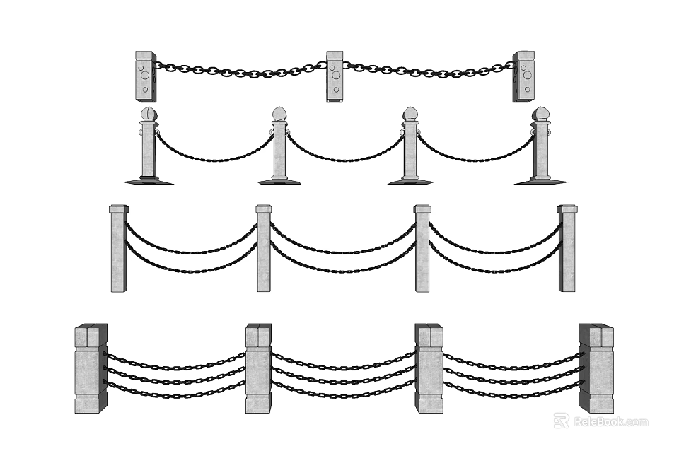 Decorative Chain Link Fence Designs with Stone Posts and Various Styles 3d model