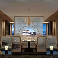 Chinese Style Restaurant Interior With Circular Arch Long Dining Table Water Feature And Wooden Decor