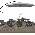 Outdoor Table With Arched Umbrella Black Chairs On Wooden Deck And Decorations