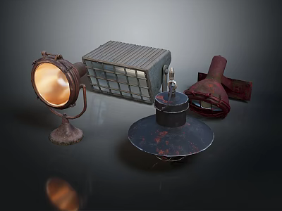 Vintage Industrial Metal Lamps And Decorative Tools On Dark Background 3d model