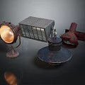 Vintage Industrial Metal Lamps And Decorative Tools On Dark Background