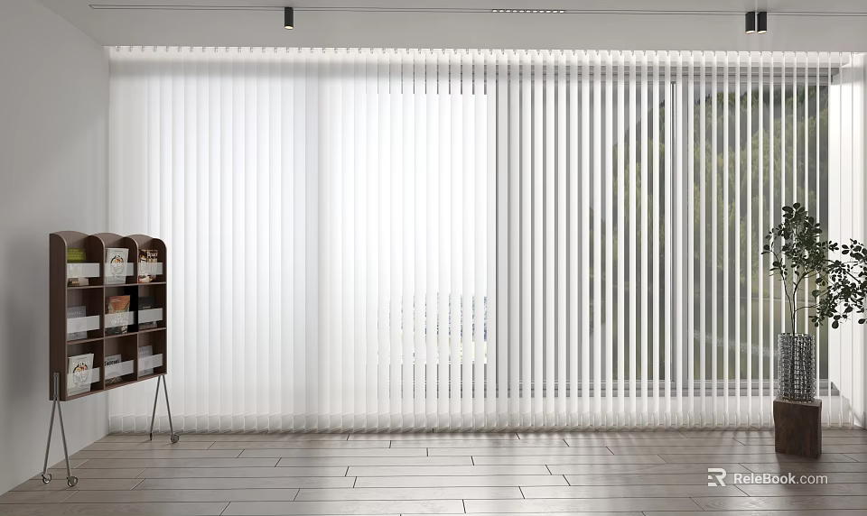 White Vertical Blinds Covering Large Window In Bright Modern Interior With Wooden Floor 3d model 