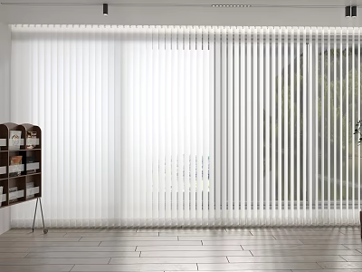 White Vertical Blinds Covering Large Window In Bright Modern Interior With Wooden Floor 3d model