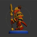 Red Horned Game And Movie Character With Golden Black Armor Holding Spear On Blue Base
