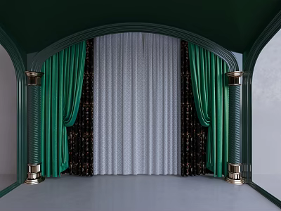 Elegant Restaurant Interior With Arched Structure Green And White Curtains And Golden Pillar Decorations 3d model