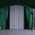 Elegant Restaurant Interior With Arched Structure Green And White Curtains And Golden Pillar Decorations