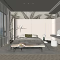 Modern Minimalist Bedroom Interior With Large Bed Curtains Leaf Wall Decor And Soft Lighting 3d model