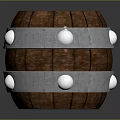Vintage Round Wooden Barrel With Brown Wood Metal Hoops And Decorative Rivets