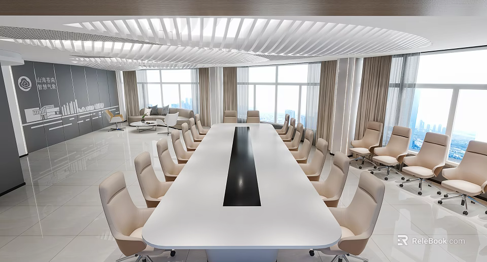 Modern Conference Room Interior With Long Table Beige Chairs And Large Windows 3d model 