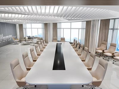 Modern Conference Room Interior With Long Table Beige Chairs And Large Windows 3d model