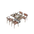 Rustic Wooden Dining Table Set With Brown Leather Chairs And Tableware Flower Vase 3d model