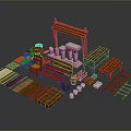 Traditional Chinese Wooden Furniture Components With Tables Chairs Shelves Ladders Barrels And Planks