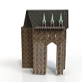 Medieval Castle Gateway Structure With Stone Walls Arched Entry And Spire Towers