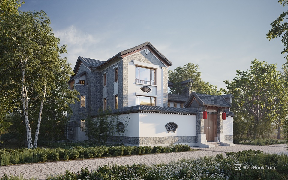 Traditional Chinese Style Detached Villa With Slate Roof Red Decorations And Garden 3d model 
