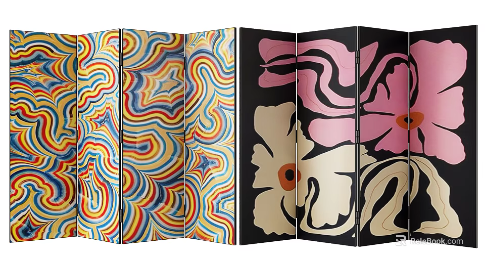 Ornamental Room Divider Screens With Colorful Wave Star And Floral Patterns 3d model 