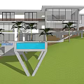 Modern Single Family Villa With Glass Windows Lush Lawn And Palm Trees