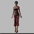 Woman Wearing Red Floral Traditional Chinese Cheongsam With Wide Leg Pants And Red Shoes