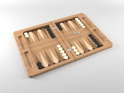 Wooden Backgammon Board Game Open With Black White Pieces And Dice 3d model