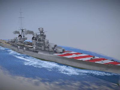 Warship sailing on the blue sea with smokestacks emitting smoke and red white striped deck 3d model