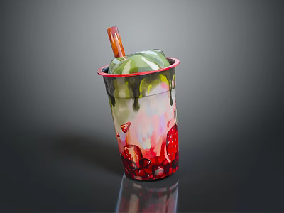 Decorative Drinking Cup With Straw Melting Green Topping Strawberry Pattern Red Rim 3d model