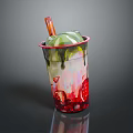 Decorative Drinking Cup With Straw Melting Green Topping Strawberry Pattern Red Rim