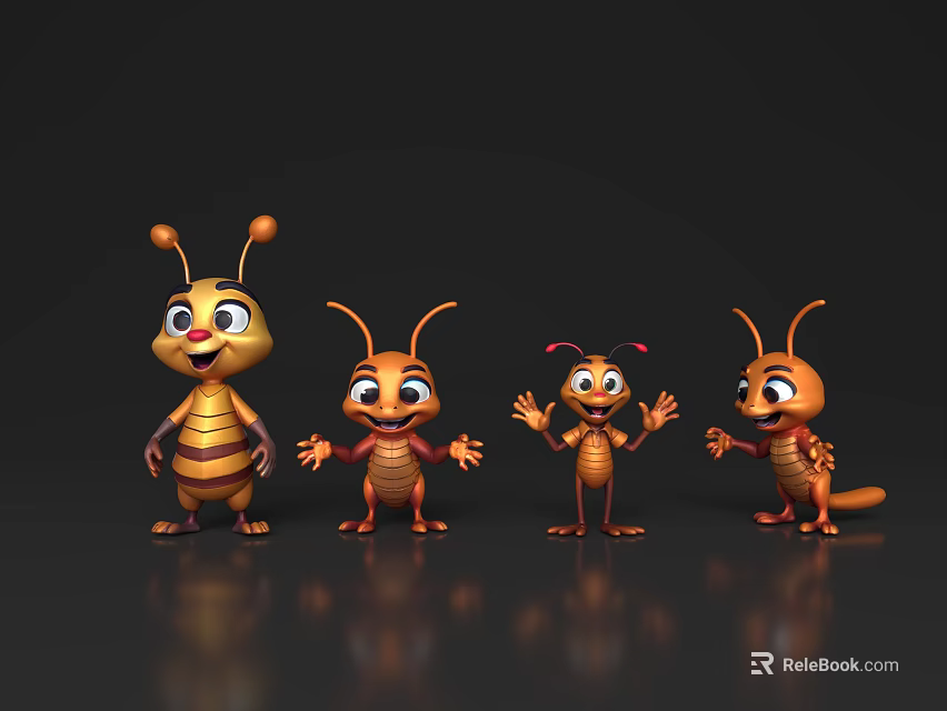 Cute Four Cartoon Ants With Different Expressions And Orange Striped Bodies Standing On Black Background 3d model 