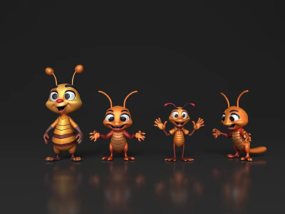 Cute Four Cartoon Ants With Different Expressions And Orange Striped Bodies Standing On Black Background 3d model