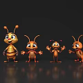 Cute Four Cartoon Ants With Different Expressions And Orange Striped Bodies Standing On Black Background