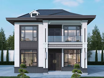 Detached Villa Exterior With White Walls Black Roof Large Windows And Green Plants 3d model