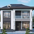 Detached Villa Exterior With White Walls Black Roof Large Windows And Green Plants