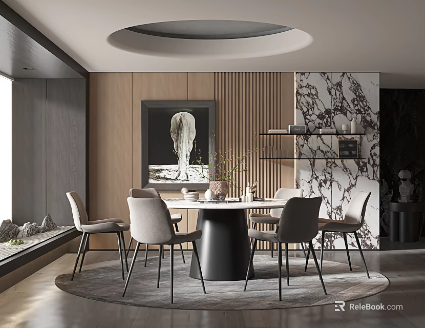 Modern Restaurant Interior With Round Dining Table Wooden Walls Decorative Shelves And Circular Ceiling 3d model 