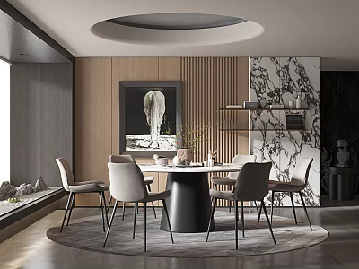 Modern Restaurant Interior With Round Dining Table Wooden Walls Decorative Shelves And Circular Ceiling 3d model