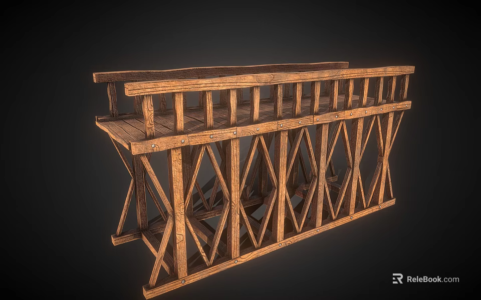 Wooden Bridge Structure With Railings Crossed Support Beams And Wooden Planks 3d model 