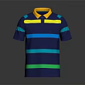 Navy Blue Short Sleeved Polo Shirt With Yellow Collar And Blue Green Yellow Stripes Design