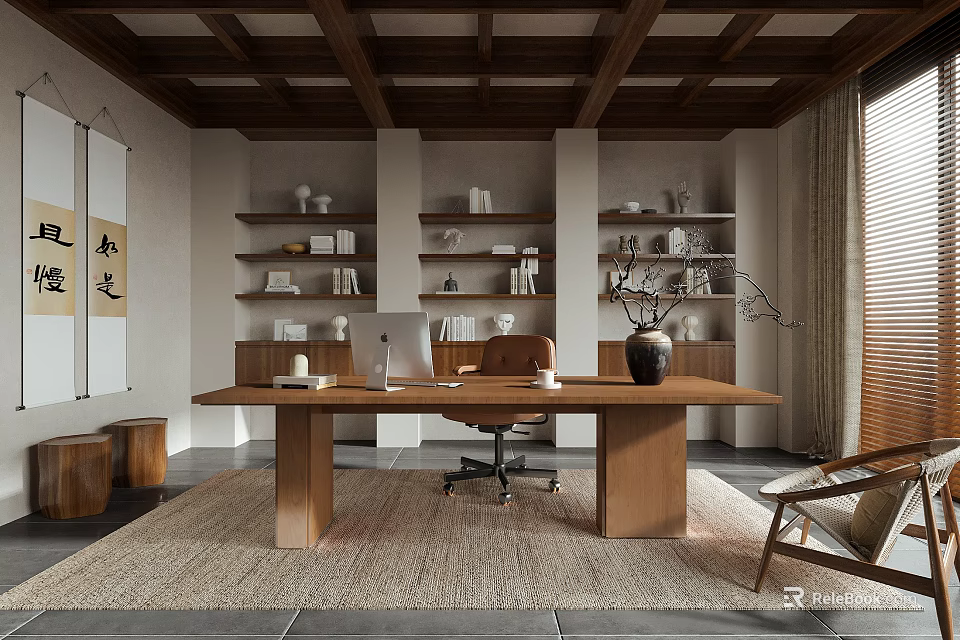 Traditional Home Study Interior Design With Wooden Beam Ceiling Built-in Bookshelves And Leather Chair 3d model 