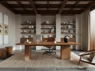 Traditional Home Study Interior Design With Wooden Beam Ceiling Built-in Bookshelves And Leather Chair 3d model