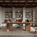 Traditional Home Study Interior Design With Wooden Beam Ceiling Built-in Bookshelves And Leather Chair