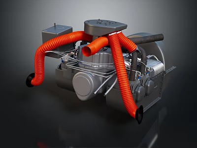 Mechanical Device With Orange Hoses Black Wheels And Gray Industrial Structure 3d model